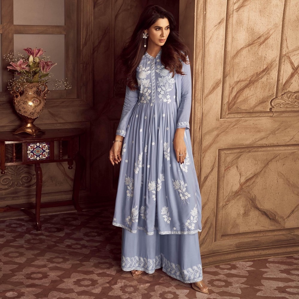 Chikankari kurta with Rayon Palazzo, Light Lavender Lucknowi Embroidered Suit.